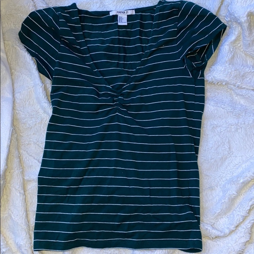 green and white v-neck scrunched shirt